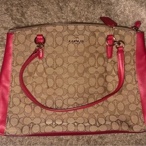 Coach Tan Signature Canvas Tote with Red Trim